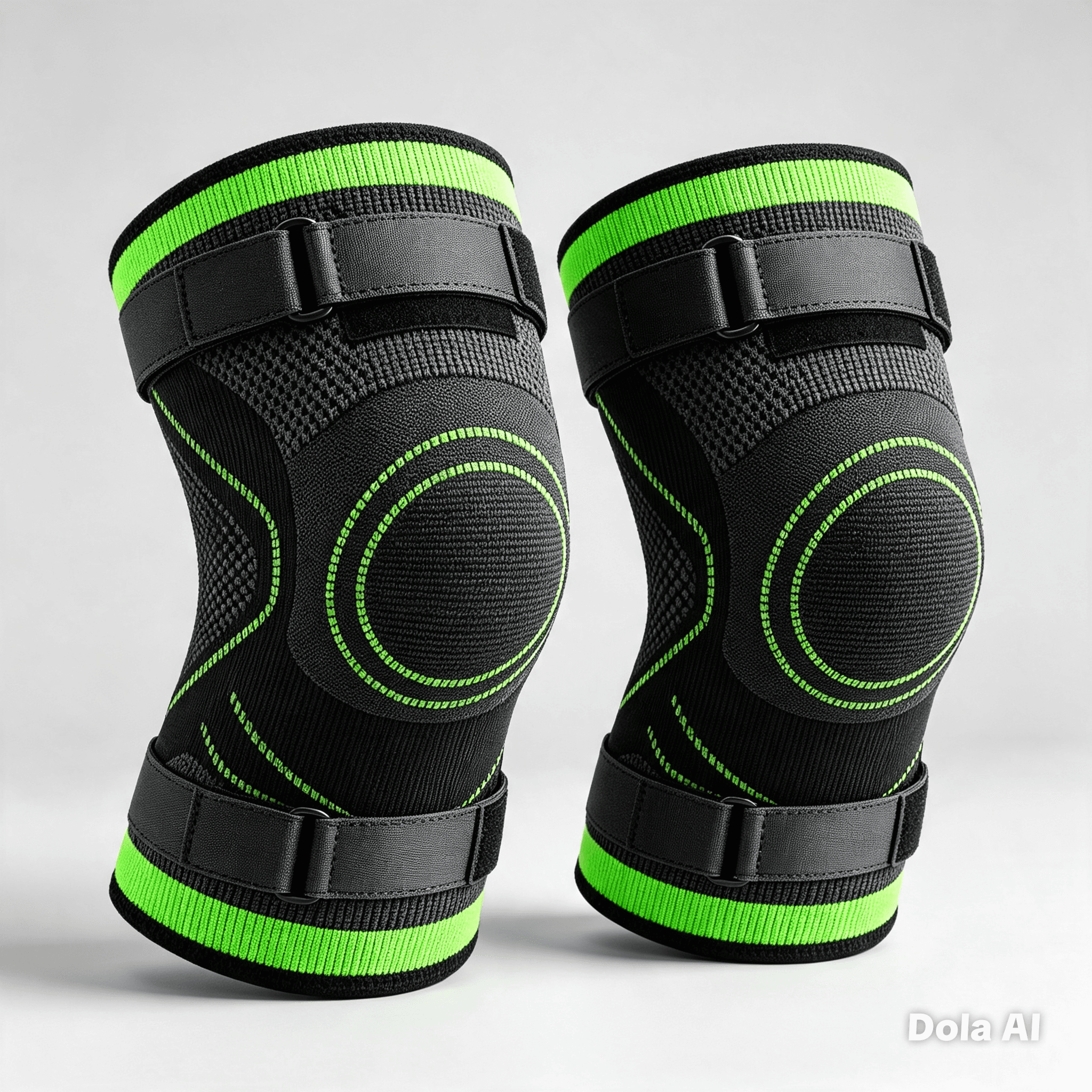 PAR de Joelheiras MWKS 6906 na cor preta com detalhes e faixas em verde neon, com tiras ajustáveis e acolchoamento na região da patela